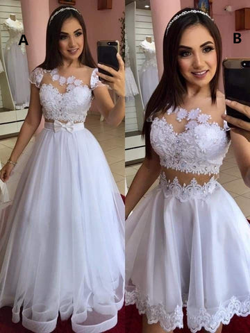 White Lace A Line Tulle Beaded Long Prom Dresses,Two Pieces Homecoming Dresses White Mini Party Gown HZ1023